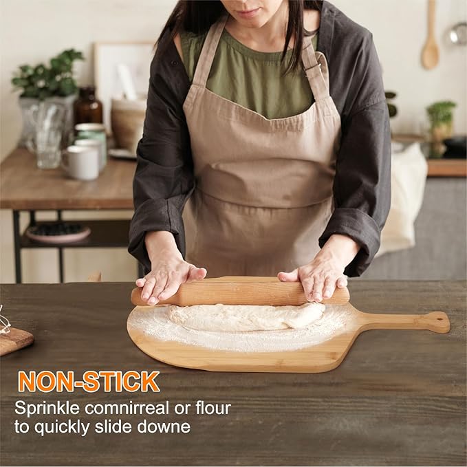 12 inch Natural Bamboo Pizza Peel Set of 2, Double-Sided Use Pizza Cutting Board with 8 Slice Grooves for Pizza, Bread, Cheese, Vegetable, Fruits