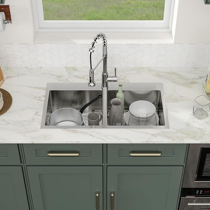 Logmey 32 Inch Drop In Double Bowl Sink - 32x18 Inches Handmade Stainless Steel Doble Sink 16 Gauge 50/50 Double Bowl Kitchen Sink 32x18x9 Inches Topmount Sinks