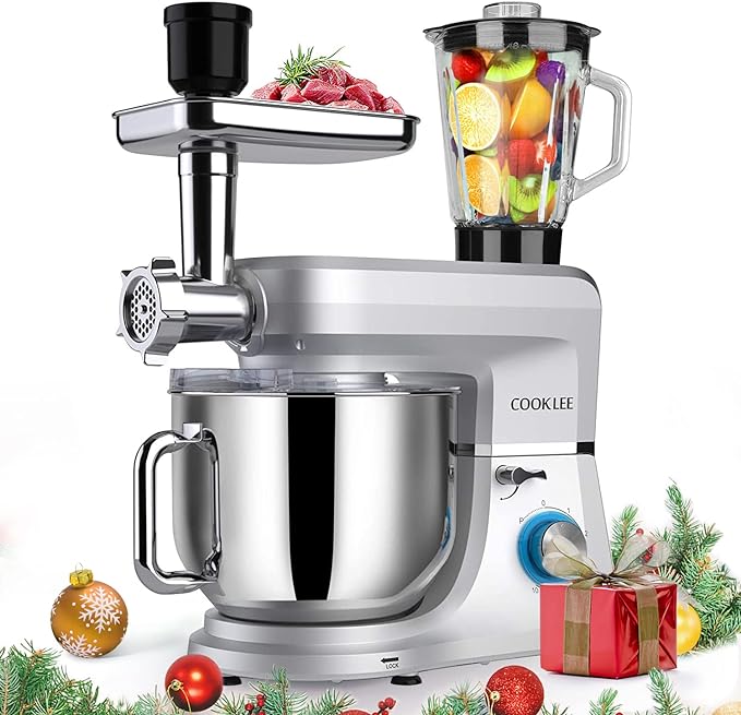 COOKLEE 6-IN-1 Stand Mixer, 8.5 Qt. Multifunctional Electric Kitchen Mixer with Beater, Whisk, Dough Hook, Meat Grinder and Other Accessories for Most Home Cooks, SM-1507BM, Silvery
