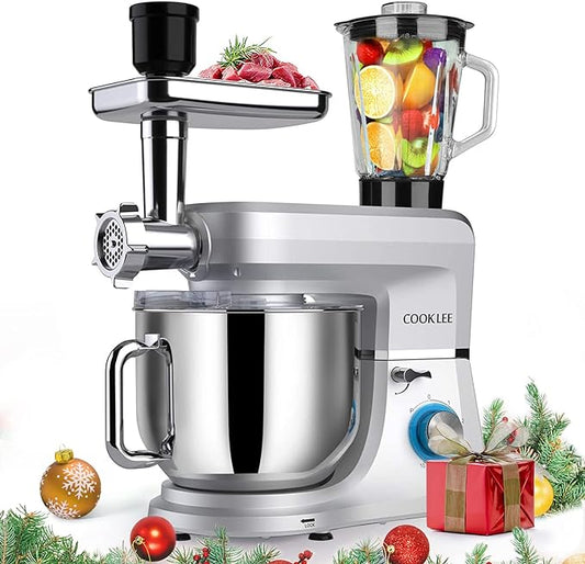 COOKLEE 6-IN-1 Stand Mixer, 8.5 Qt. Multifunctional Electric Kitchen Mixer with Beater, Whisk, Dough Hook, Meat Grinder and Other Accessories for Most Home Cooks, SM-1507BM, Silvery