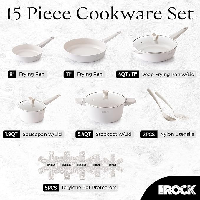 THE ROCK SOHO 15Pcs Ceramic Cookware Set – Non toxic Pots and Pans Set Non Stick with ROCK.TEC – Nothing Sticks, Never Warps, Lasts Longer, PTFE PFOA & PFAS Free, Induction & Dishwasher Safe, Cream