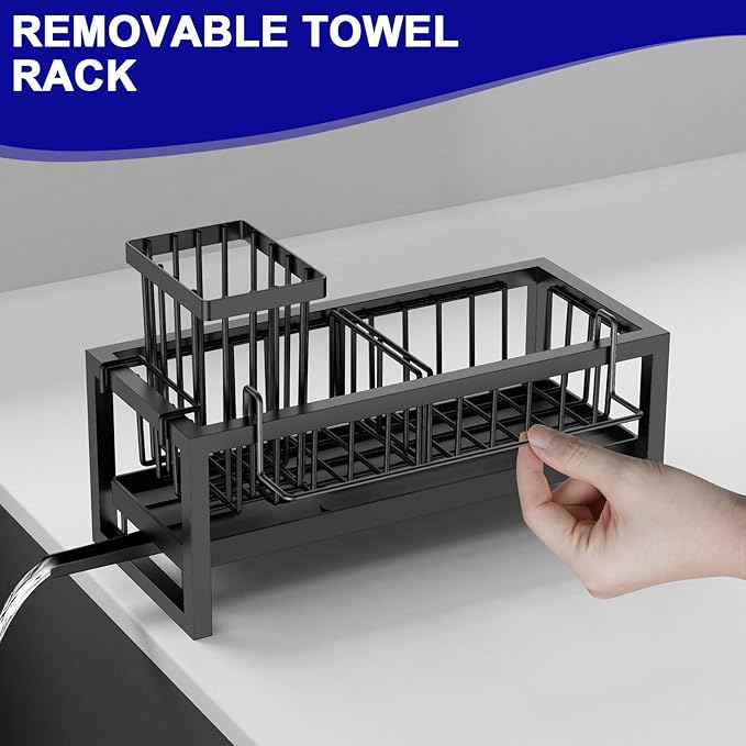 Sponge Holder for Kitchen Sink, Sink Caddy with Towel Holder, Kitchen Countertop Storage Organization, Home Apartment Essential Accessories (Black)