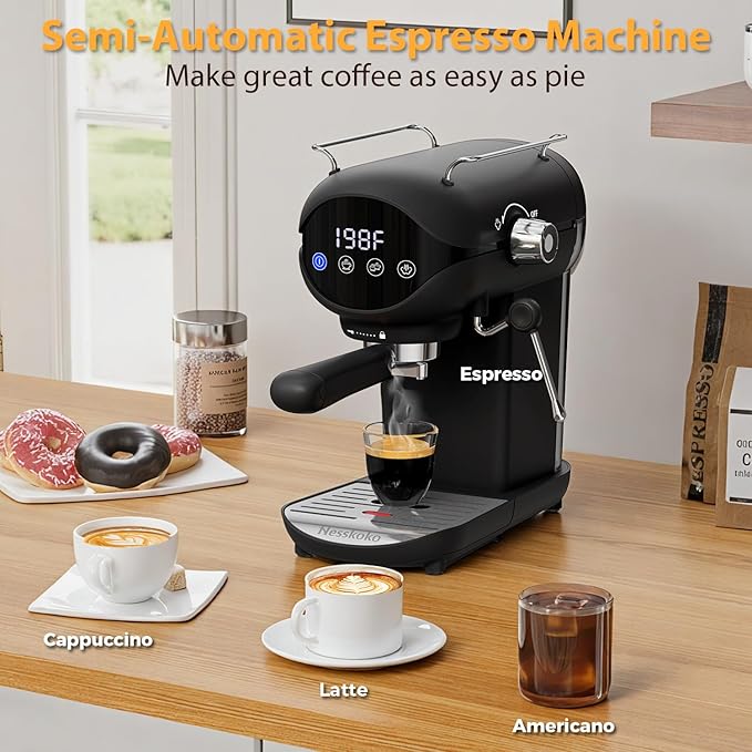 Espresso Machine with Steam Milk Frother Semi Automatic 20 Bar Compact Black with Touch Screen for home Cafetera Espresso, Latte, Cappuccino, Americano, Macchiato