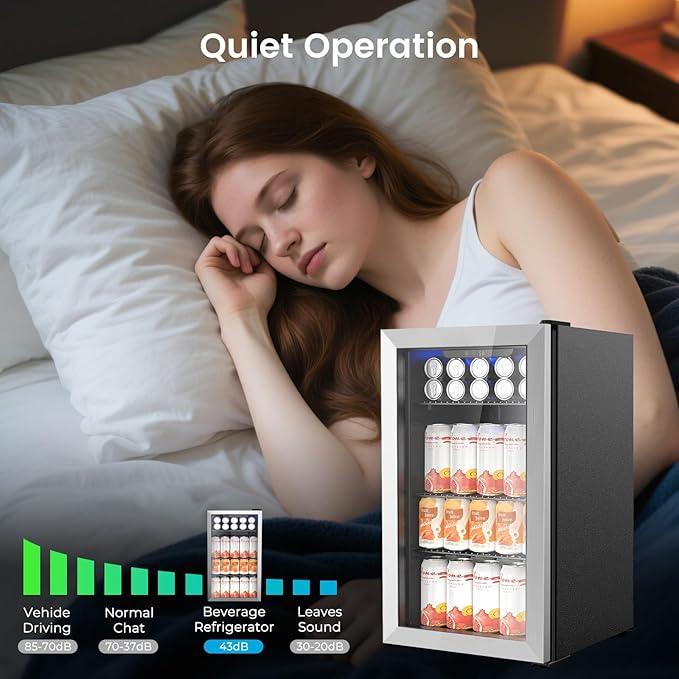 130 Can Beverage Refrigerator Built In Freestanding Wine Fridge with Stainless Steel Reversible Glass Door, Quiet Compressor LED Touch Control for Home Kitchen Bar, 3.2 Cu.ft Silver