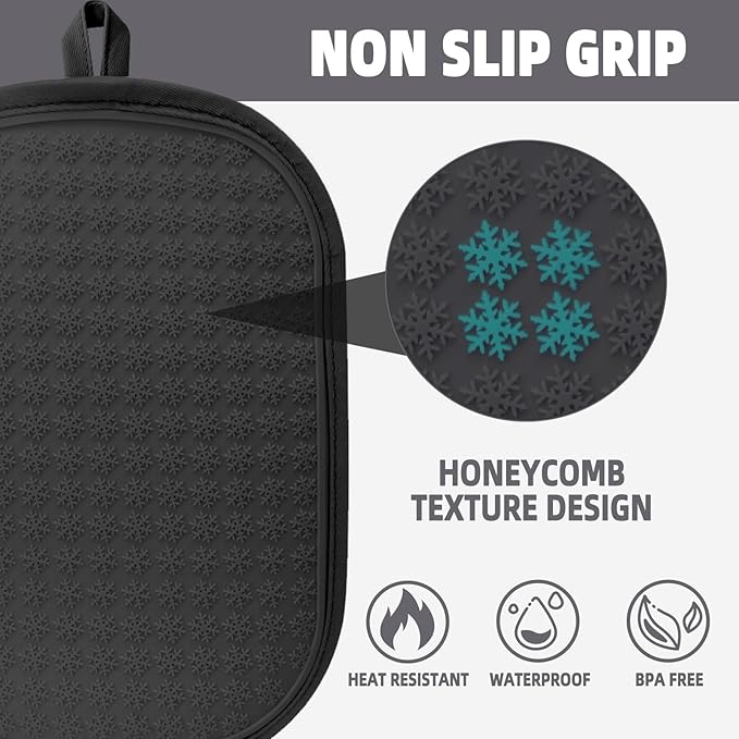 Hovico 2PCS Silicone Pot Holders, Oven Mitts Heat Resistant Hot Pads with Pockets, Non Slip Pot Holder for Kitchen Baking and Cooking| 9.8 x 7 Inches | Towel Cloth Interior Lining - Black