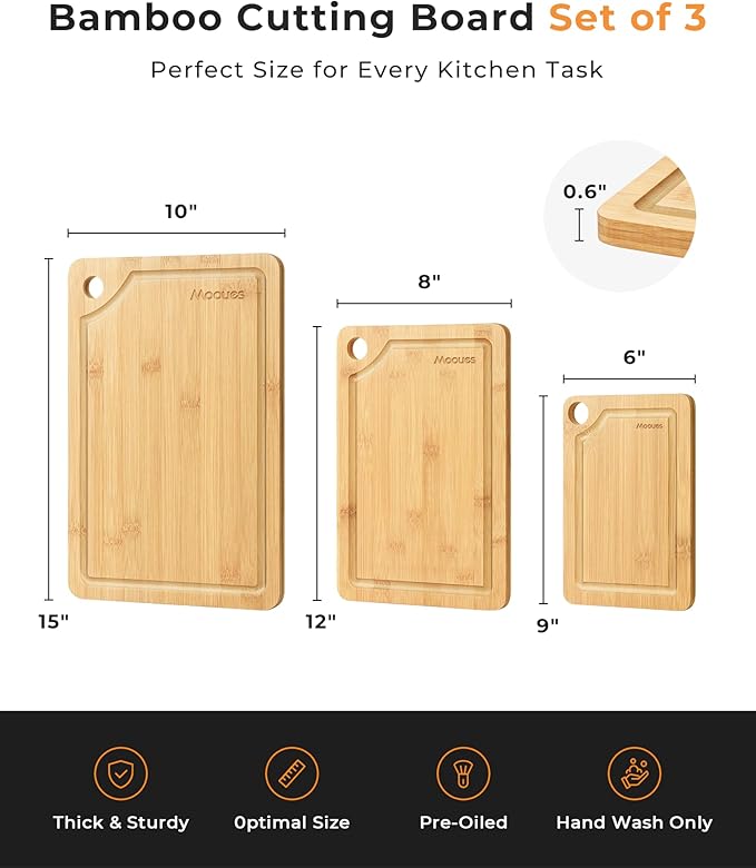 Carbonized Bamboo Cutting Board for Kitchen, Knife-Friendly Wooden Cutting Boards Set 3-Piece with Juice Groove, Durable Chopping Boards for Meat, Vegetables, Fruits, Cheese(Natural)