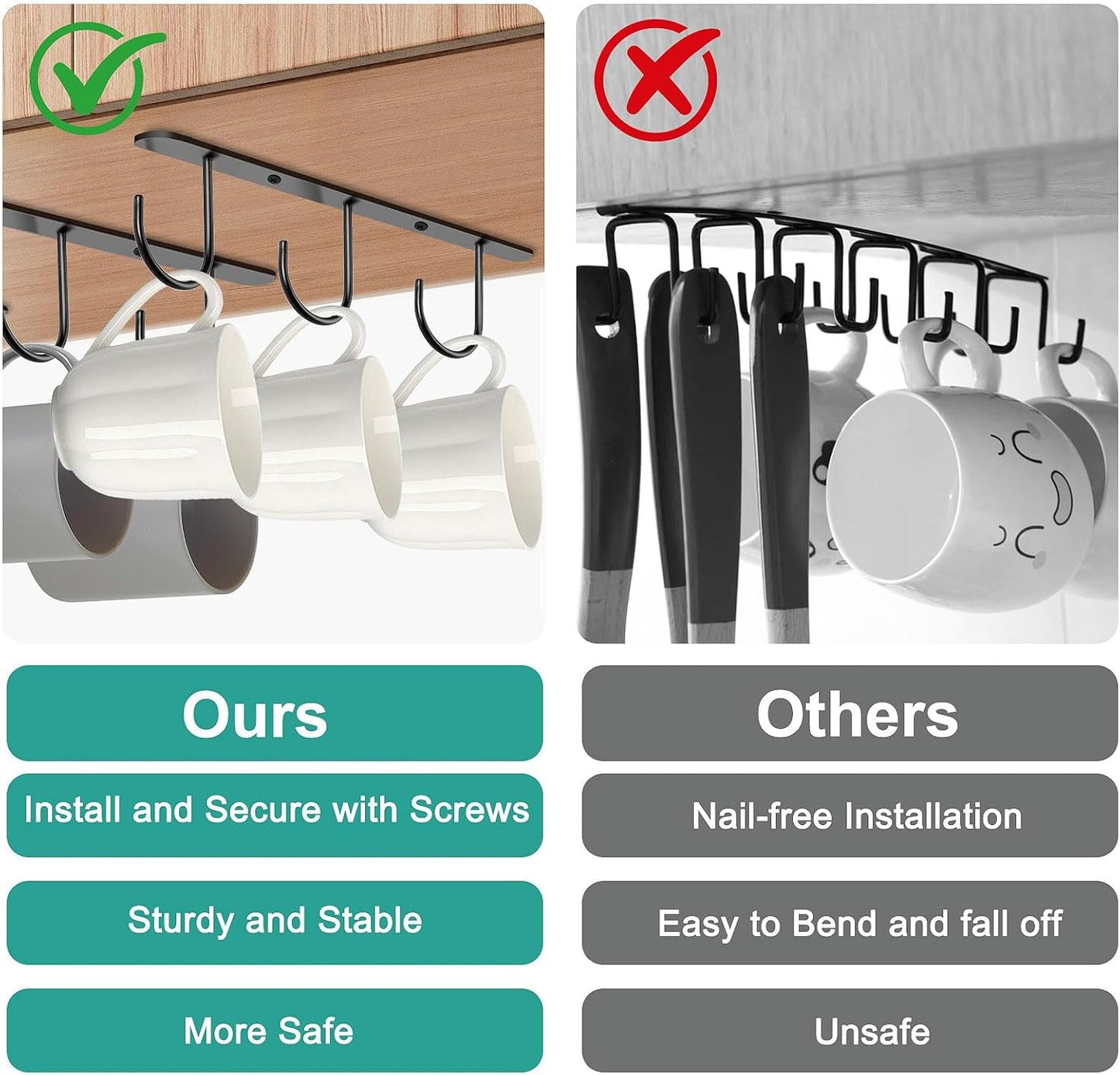 3 Pack Mug Hooks Under Cabinet, Hanging Coffee Mug Holder for Kitchen Cabinet/Shelf, Coffee Mug Organizer with 9 Hooks, for Mugs, Cups, Kitchen Utensils Display, Black