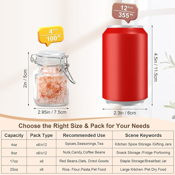 4oz Glass Jars with Lids, Set of 6 Mini Airtight Containers & Canisters, Small Mason Canning Jars with Wire Clip Seal for Spices, Jam, Honey, Kitchen & Wedding