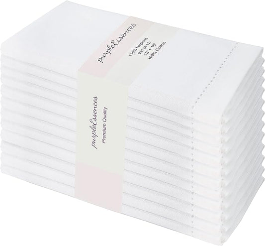 PurpleEssences Set of 12 Hemstitch Cloth Dinner Napkins 100% Cotton - Soft Durable Washable - Ideal for Wedding Fall Thanksgiving - Perfect Everyday Use Table Linen 18x18 - White