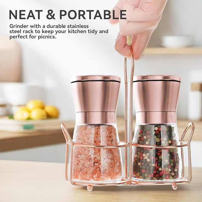 Copper Stainless Steel Salt and Pepper Grinder Set Manual Himalayan Pink Salt Mill|Salt and Pepper Shakers with Adjustable Coarseness and Clear Glass Body (Pack of 2) (SHORT)