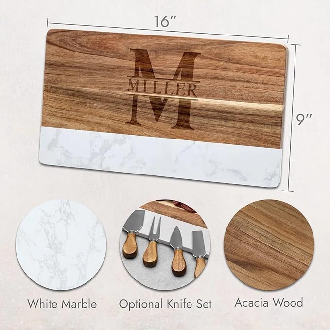 HomeWetBar Personalized Acacia Charcuterie Board With cheese Knives | Custom 16" x 9" White Marble & Acacia Wood Cheese Board | Perfect Housewarming + Wedding + Couples Gift Idea