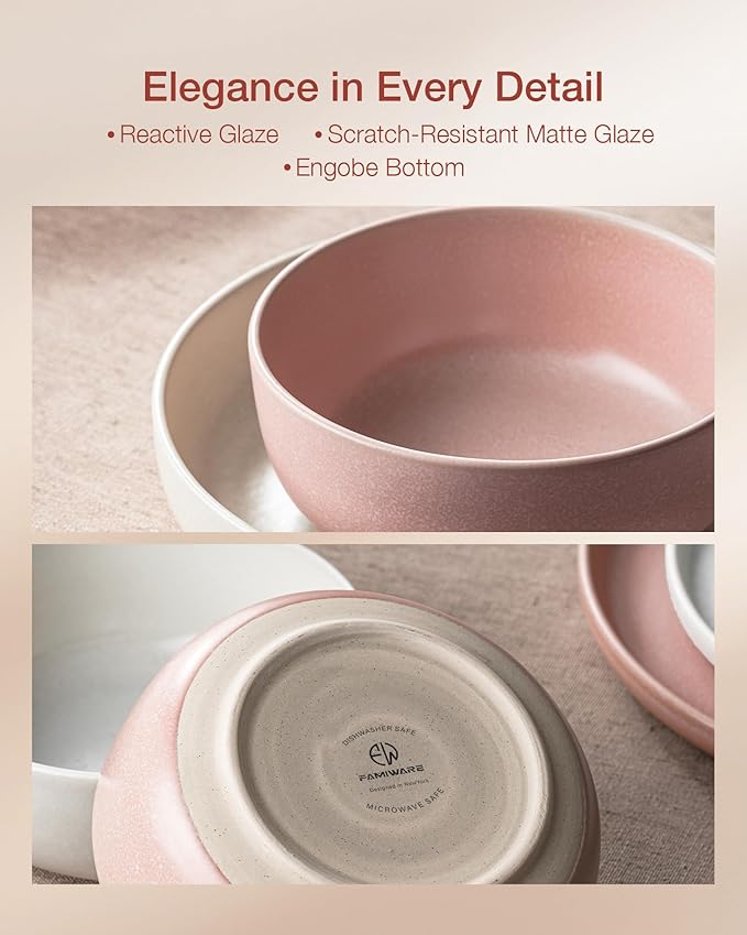 Famiware Milkyway Plates and Bowls Sets, 12 Pieces Dinnerware Sets, Reactive Glaze Dish Set, Stoneware Dishes Set for 4, Matte White & Light Pink