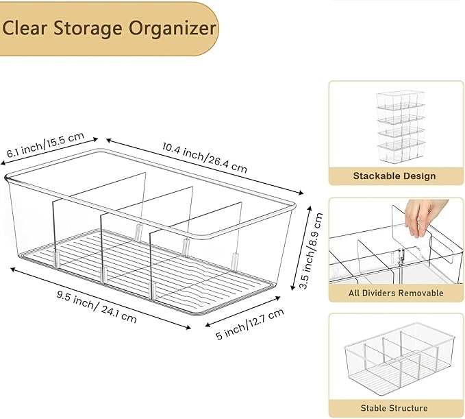 Pantry Organizers and Storage,Kitchen Organizers and Storage for Fridge,Drawer and Refrigerator - Spice Organization for Cabinet,Clear Plastic Stackable Organizer Bins with 3 Dividers (7 Pcs)