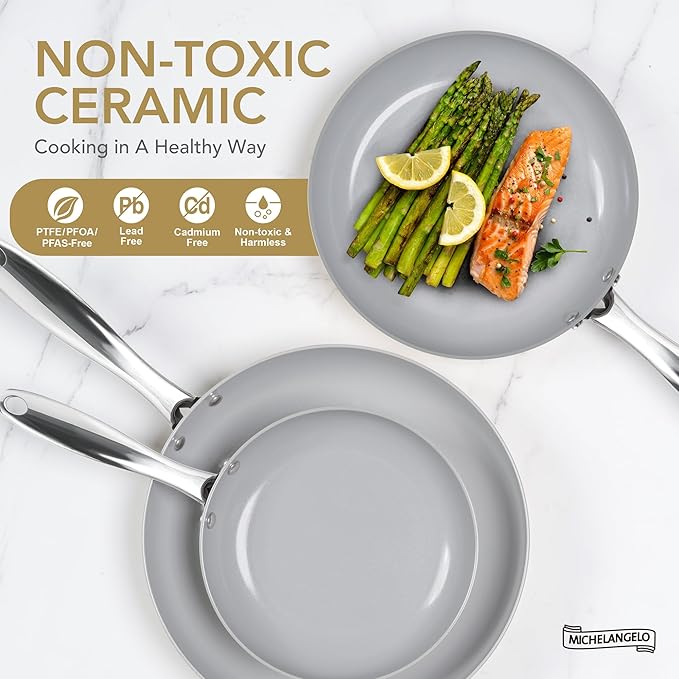 MICHELANGELO Non Stick Frying Pans - 10 Inch Frying Pan Nonstick with Lid, Nonstick Skillet with Lid, Non Toxic Frying Pan, Ceramic-Coated, Beige
