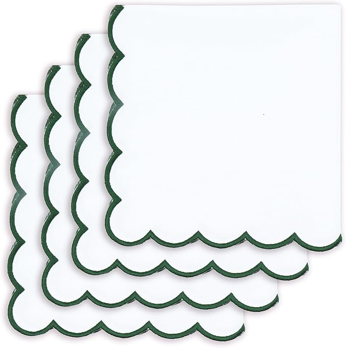 PurpleEssences Scalloped Embroidery Cloth Napkins Christmas Holiday Winter Table Decor 100% Cotton Set of 4-18 x 18 inch - White - Edges - Forest Green