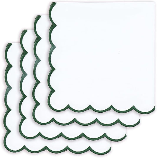 PurpleEssences Scalloped Embroidery Cloth Napkins Christmas Holiday Winter Table Decor 100% Cotton Set of 4-18 x 18 inch - White - Edges - Forest Green