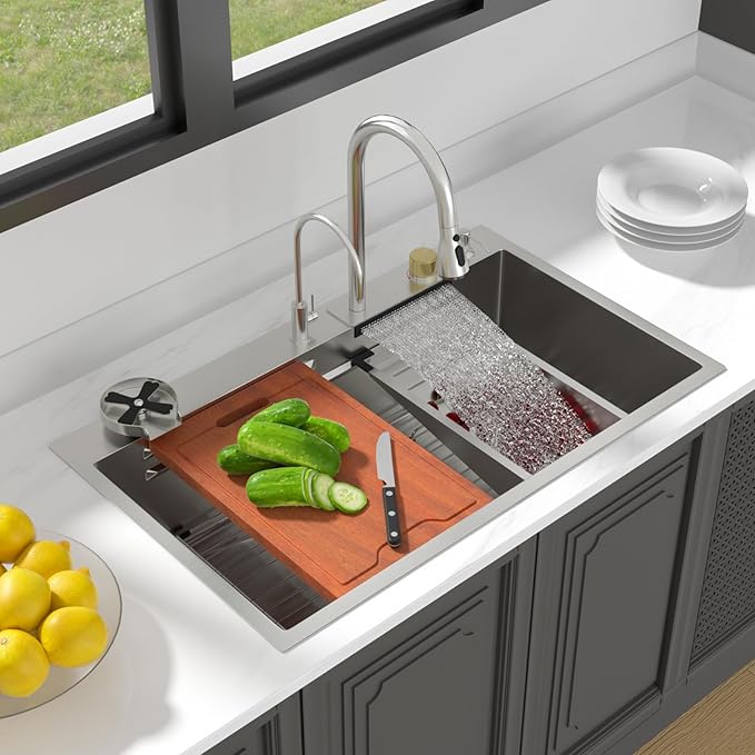 36 Drop In Kitchen Sink with Faucet - Lordear Waterfall Kitchen Sink Smart 36x22 Topmount Sink Stainless Steel 16 Gauge Single Bowl Workstation Sinks With Faucet Combo