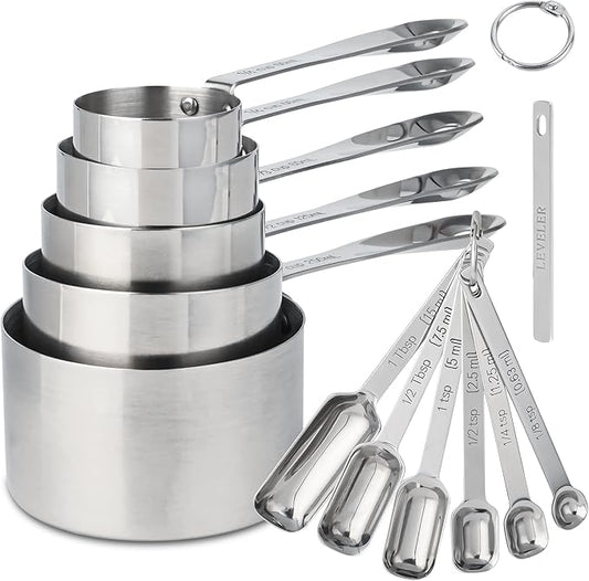 Stainless Steel Measuring Cups and Spoons Set of 12, 5 Dry Measuring Cups and 6 Measuring Spoons With Leveler for Kitchen