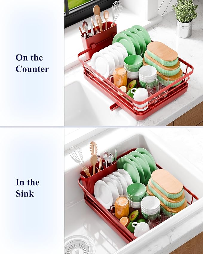Kitsure Dish Drying Rack for Kitchen Counter, Stainless Steel Sink Organization and Storage Essentials with Cutlery Holder, Home and Appartment Decor, 12''W x 15.5''L, Red