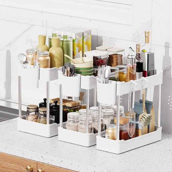 3 Pack Under Sink Organizers and Storage, 2 Tier Bathroom Cabinet Organizer Shelf with Hanging Cups for Kitchen & Bathroom (White)