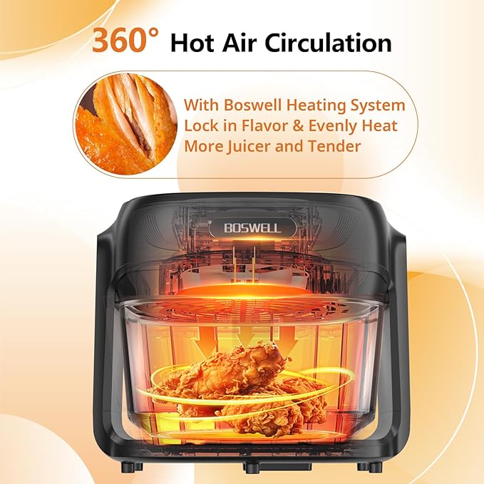 BOSWELL Steam Glass Air Fryer, 7.5QT Borosilicate Bowl with Circulating Heat, Digital Touchscreen, 400°F Max Temp, Oil-Free Fryer with Mist Function, Dishwasher Safe (Black)