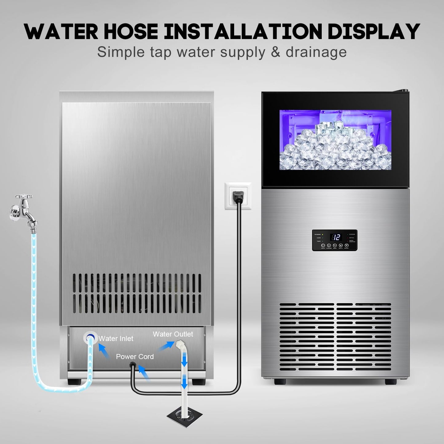 Commercial Ice Maker Machine 130LBS/24H with 35LBS Storage Bin, Stainless Steel Undercounter/Freestanding Ice Cube Maker for Home Bar Outdoor, Automatic Operation, Include Scoop, Connection Hose