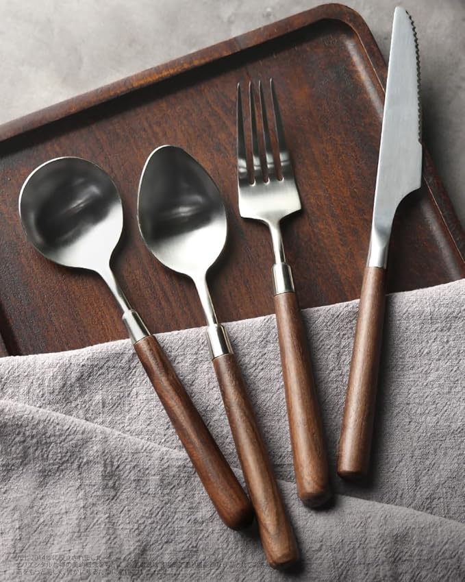 4-Piece Wood Handle Silverware Set - Service for 1, Natural Walnut Wood & 304 Stainless Steel Flatware, Elegant Brushed Finished Brown/Silver Cutlery (1 Set-4 Piece)