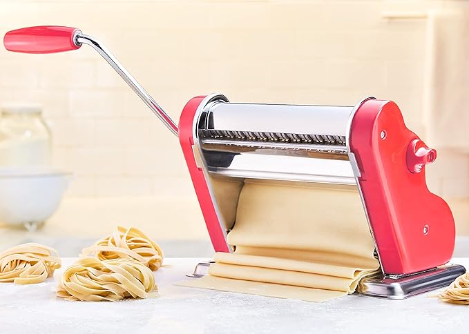 PASTALINDAClassic 200 Pasta Maker Machine, 20 cm Wide Rollers, 9 Thickness Positions, 2 Cutting Positions, Stainless Steel. Includes Reinforced Hand Crank And Two Clamps (Coral)