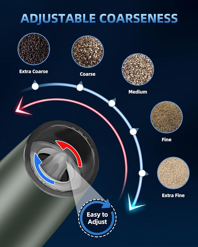 XinXu Gravity Electric Pepper Grinder, Salt or Pepper Mill & Adjustable Coarseness, with LED Light, One Hand Automatic Operation -Set/DarkGreen