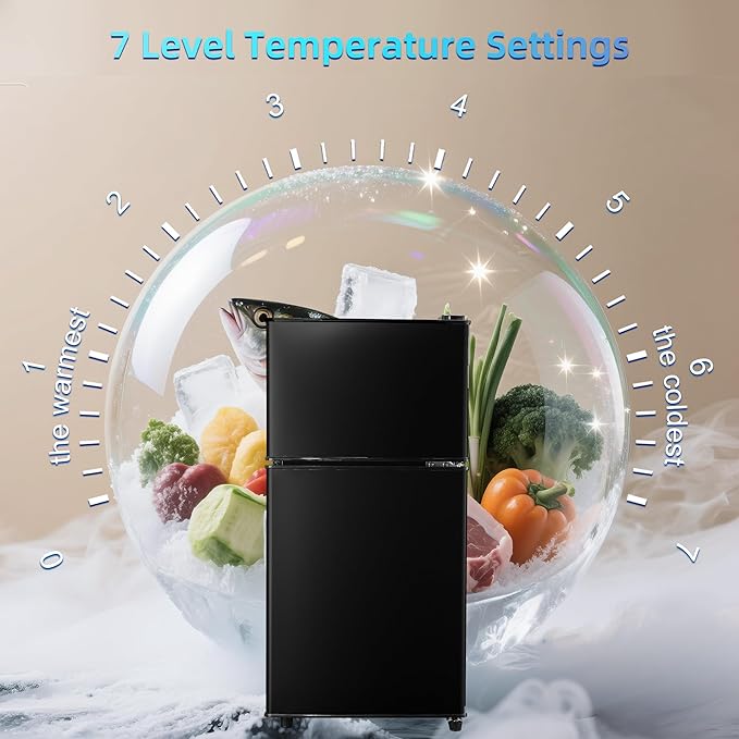 3.2 Cu. Ft. Mini Fridge with Freezer, Compact Refrigerator with Adjustable 7-Level Thermostat, Dorm Fridge for Kichen, RV, Office, Apartment, Black