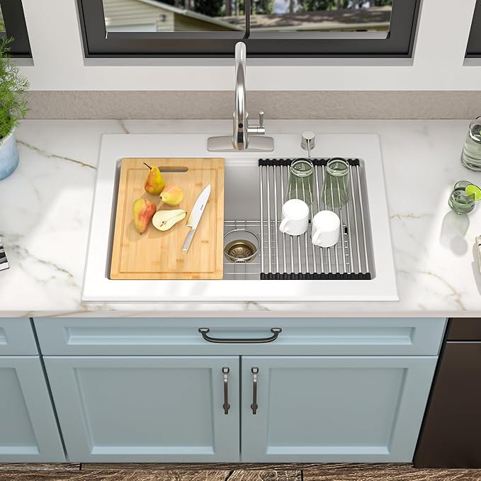 30"x22" Granite Composite Kitchen Sink – White Ledge Workstation Drop-In Topmount Granite Quartz Classic Single Bowl Sink Basin