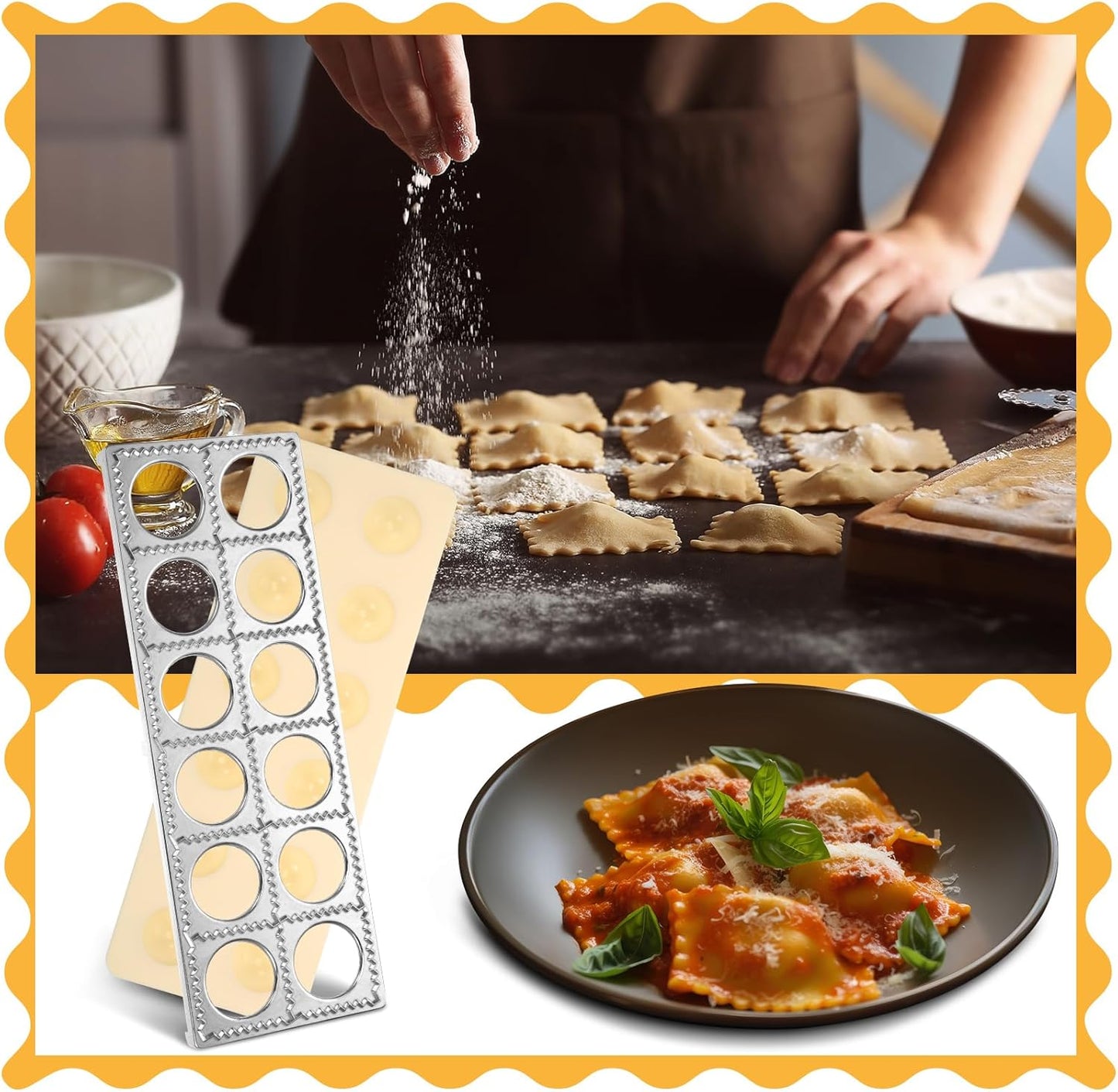 Baderke 12Pcs Pasta Maker Tools Ravioli Making Kit Include 5 Ravioli Stamp Maker Cutter with Roller Wheel 1 Wooden Rolling Pin 1 Press Mold 5 Stainless Steel Dumpling Molds for Kitchen Homemade Kit