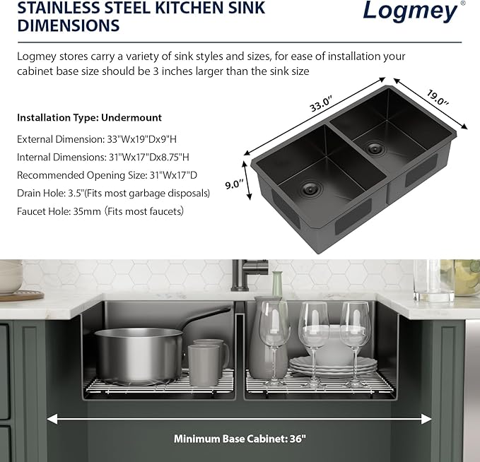 Logmey 33 Inch Double Bowl Undermount Kitchen Sink 33x19x9 Inch 50/50 Gunmetal Black Nano Coating Stainless Steel 16 Gauge Handmade Kitchen Sink