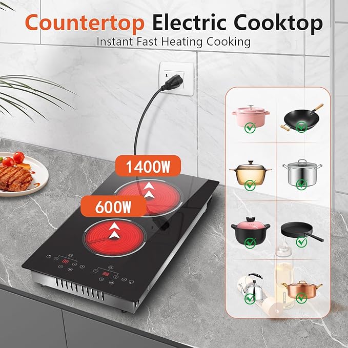 2 Burner Electric Cooktop, 12 Inch Built-in & Countertop Electric Stovetop, Ceramic Cooktop with Touch Control, Child Safety Lock, Timer, Pause Function, 9 Power Levels, 110V - 120V Plug in