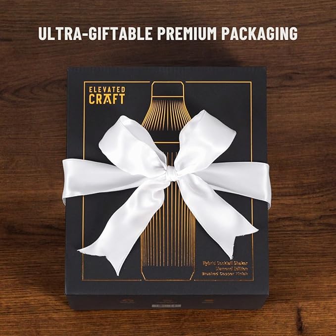 Elevated Craft Diamond Edition Hybrid Cocktail Shaker Set - Premium Vacuum Insulated Brushed Copper, 28 oz, Includes Built-In Strainer, Precise Measuring Top & XL Polishing Cloth - Martini Shaker