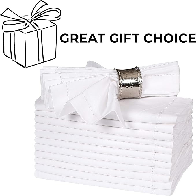 Bedding Craft Cotton Cloth Dinner Napkins Set of 12 – 18x18 White with Hemstitched Mitered Corners – Machine Washable Fabric Napkins for Weddings, Dinner Parties & Table Decorations