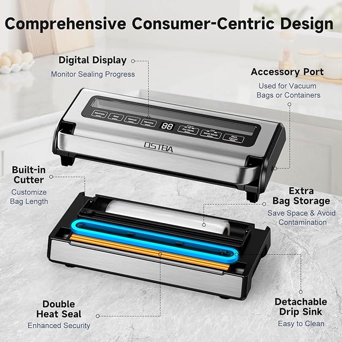 OSTBA 180W Vacuum Sealer Machine, 12-in-1 Double Pump Food Saver with Built-in Cutter & Bag Storage, Easy-Lock Handle, Dry & Moist & Marinate, Memory Function, Includes 1 Roll of Vacuum Bags & Hose