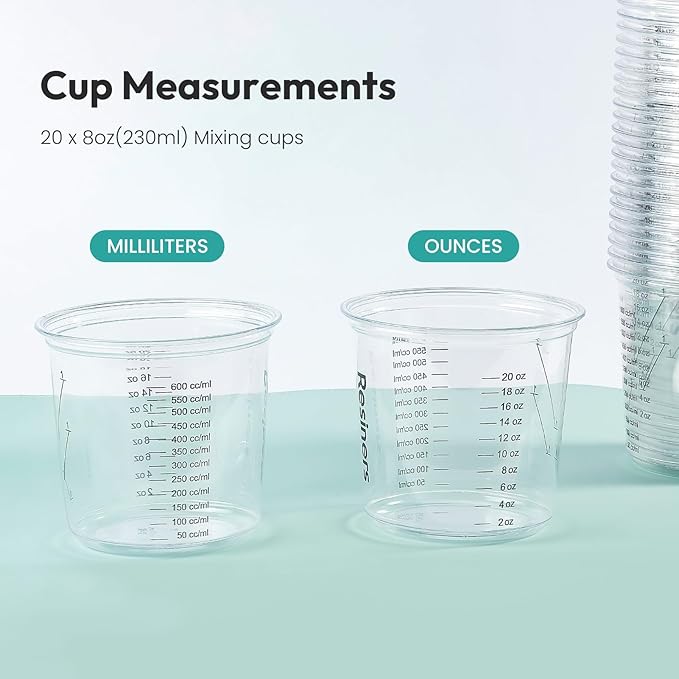 Epoxy Measuring Cups, Resiners 50pcs Resin Mixing Cups for Epoxy Resin, Paint, Crafts Use, with 30 x 24oz & 20 x 8oz Dual Sizes, 50 Mixing Cups, 50 Wooden Sticks, Clear Plastic