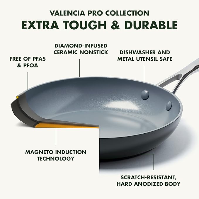 GreenPan Valencia Pro Hard Anodized Healthy Ceramic Nonstick 10" Frying Pan Skillet with Lid, PFAS-Free Cookware, Stainless Steel Handle, Induction Suitable, Dishwasher Safe, Oven Safe, Gray