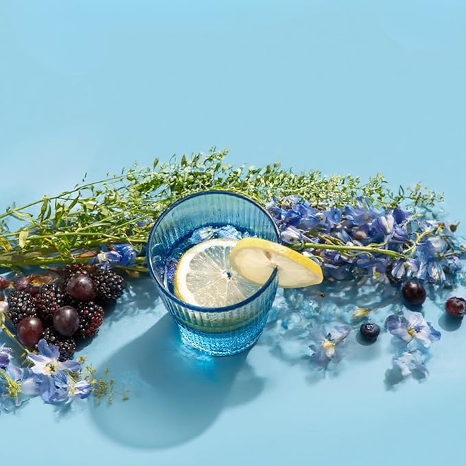 Ribbed Drinking Cups Set of 4-14oz Blue Highball Glass, Stackable Vintage Tumblers for Cocktails, Iced Coffee, Juice & Water, Elegant Everyday Glassware