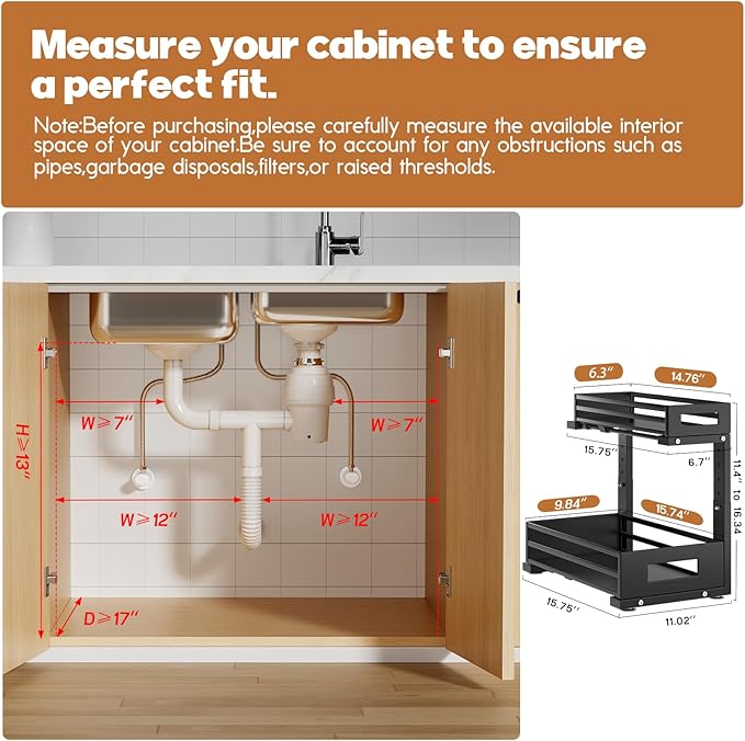 2-Pack Under Sink Organizer and Storage,2-Tier L Shape Pull Out Cabinet Organizer With Round Tube Slide Rails,Hight Adjustable Slide Out Drawers for Kitchen&Bathroom,Multi-Purpose Shelf-Black