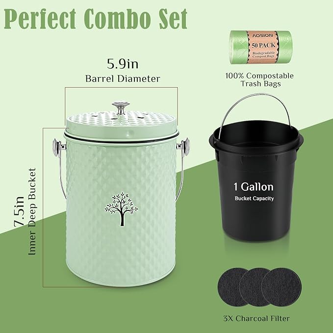 AOSION Countertop Compost Bin Kitchen，Odorless Indoor Compost Bin with Lid and Compost Bags,Compost Bucket Composter Container for Food Waste,Green