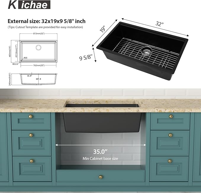 Kichae Granite Composite Undermount Kitchen Sink 32 inch - Granite Quartz Sink 32 x 19 Matte Black Workstation Sinks