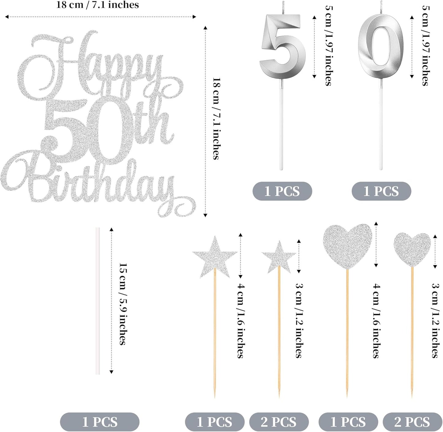 50th Birthday Cake Decorations, 50th Birthday Candles Cake Numeral Candles and Glitter Happy 50th Birthday Cake Toppers Set for Birthday Party Supplies (Silver)