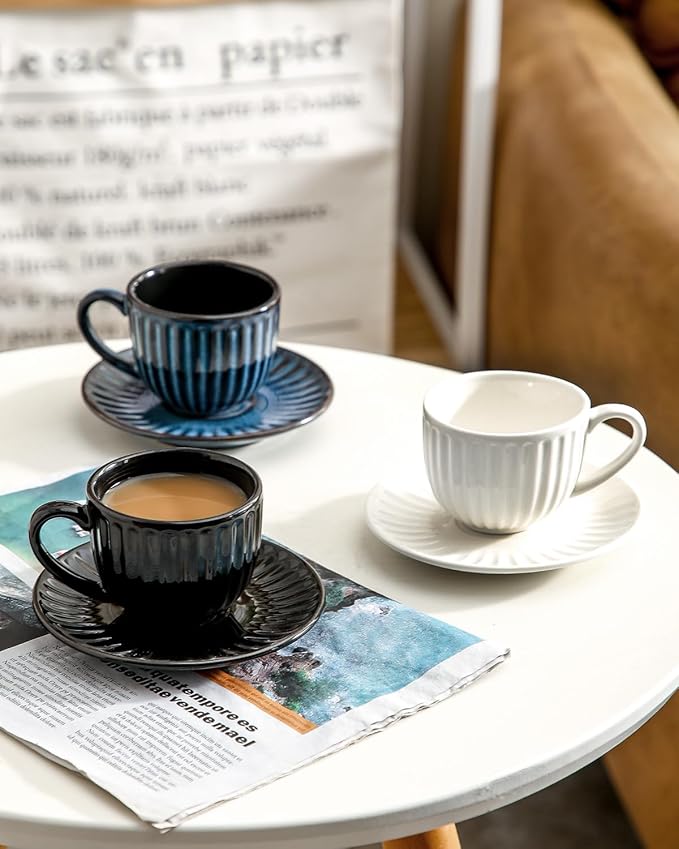 Hasense 4 Oz Espresso Cups with Saucers Set of 4, Ribbed Cappuccino Cups Ceramic for Coffee,Espresso,Double shot,Latte and Macchiato, Demitasse Cups Set Aesthetic Gift, Blue