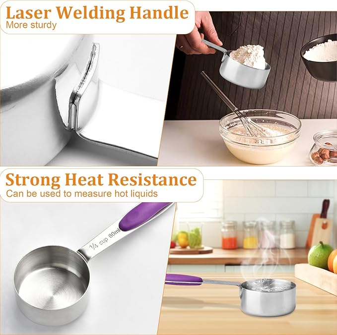 10 Pcs 1/4 Measuring Cup, 2 Oz Stainless Steel Scoop with Silicone Handle, Metal Mini Measuring Scoops Kitchen Gadgets for Cooking Baking,Coffee Bean Pet Food,Ingredients,Purple