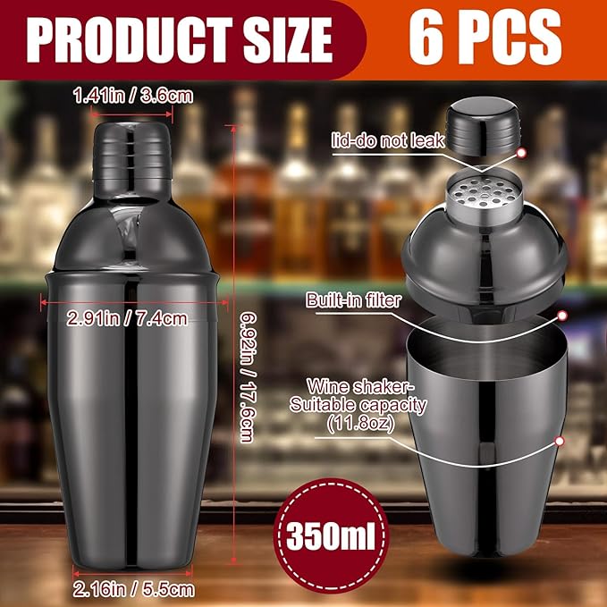 Nitial 6 Pcs Bar Cocktail Shaker Professional Stainless Steel Martini Drink Mixer Built-in Strainer for Bartending No Leaks Shaker for Bar Party Drink Mixer(Black,11.8 oz)
