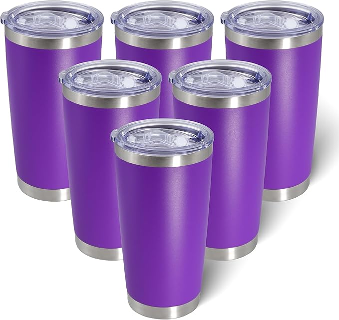 20oz Tumbler Bulk Stainless Steel Tumblers with Lid Vacuum Insulated Double Wall Travel Coffee Mug Powder Coated Tumbler Cup for Hot and Cold Drinks(Purple, 6 pack)