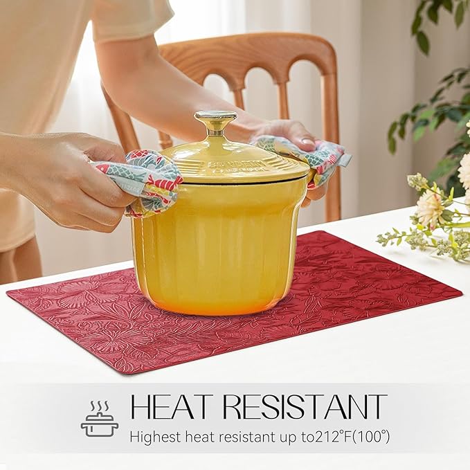 Romanstile Vinyl Placemats Set of 4-12 X 18 Inch - Heat Resistant Non-Slip Embossed Floral Place Mats 100% Waterproof Oilproof Wipeable Faux Leather Table Mats for Kitchen/Dining/Party, Red