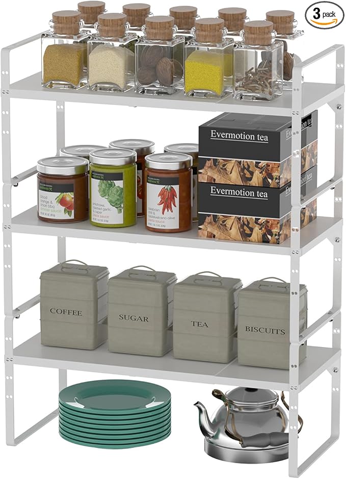 Redrubbit Large Expandable Cabinet Shelf Organizers, Stackable Kitchen Counter Shelves Spice Rack for Kitchen Bathroom Pantry Cupboard Desk Home Office, White-3 Pack